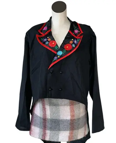 NWOT Asymptomatic Lightweight Shoulder Pad Tunic Top / Jacket Satin Floral Trim Black Size XL