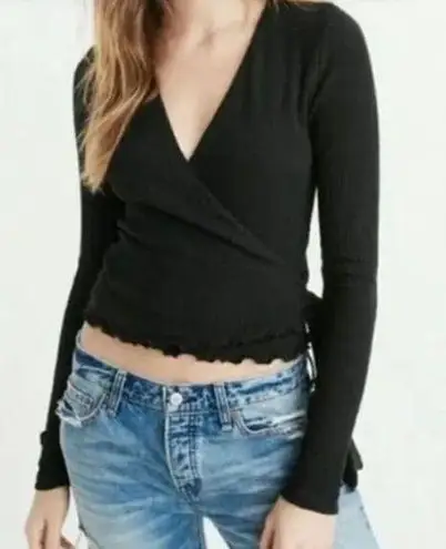 NWT Abercrombie&Fitch Long Sleeve Knit Ruffle Hem Wrap Tie Top Black Women's XS