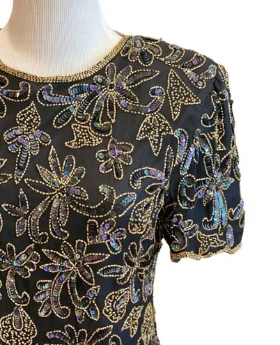 Papell Boutique Vintage Papell Beaded Top Sequin Blouse S Wedding Formal Black Gold