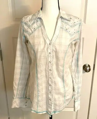 Wrangler Rock 47 by | White/aqua/silver western bejeweled snap long sleeve top