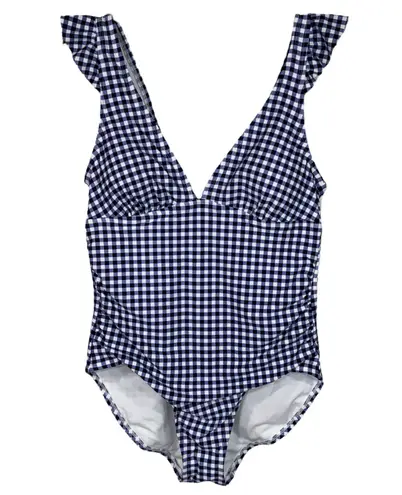 Kona Sol Large (12/14) Swim 1-Piece Ruffled Checked Padded Cup Lined Ruched Blue