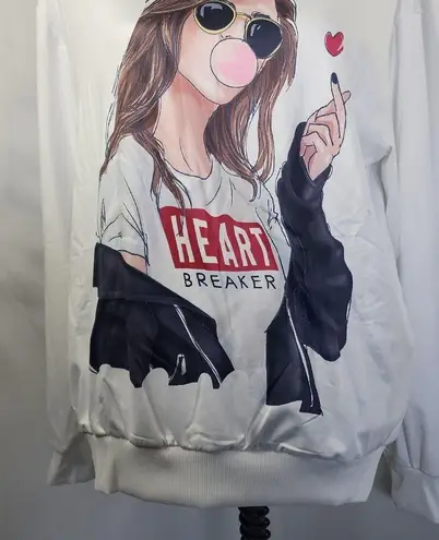 White Satin Hoodie Sweatshirt Heartbreaker Girl on Front Size L