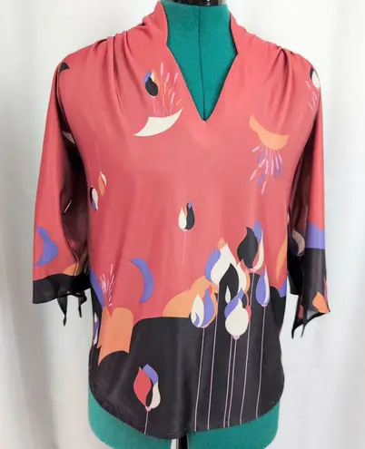70's Ladies' Geometric Floral Landscape Print Top Black