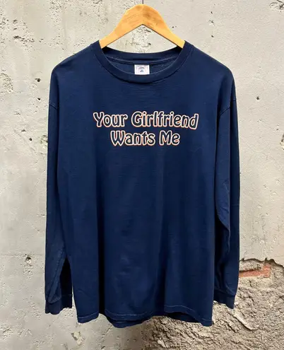 Vintage Y2K Delta Your Girlfriend Wants Me Long Sleeve Comedy Graphic Tee Large Blue