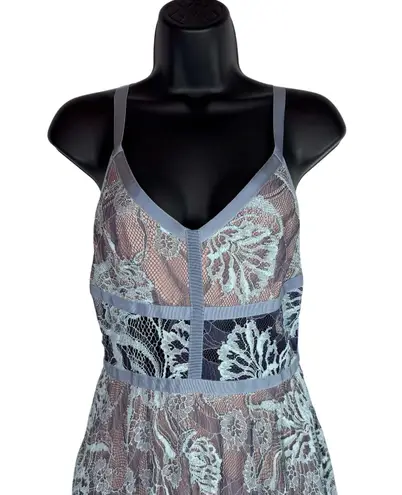 Alexis Isabella Blue Floral Lace Maxi Gown V Neck Spaghetti Straps Ribbon Small