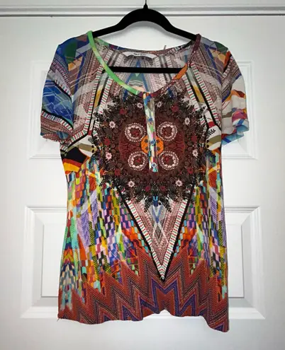 Robert Graham 1/4 Button Front Short Sleeve Shirt Top Size S