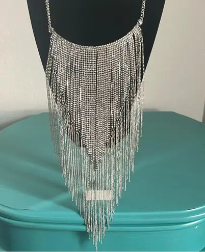 Stunning Statement Rhinestone Silver Tone Chain Fringe Bib Necklace