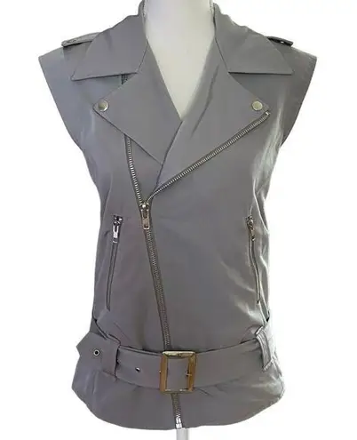 Susana Monaco Size M Lunar Grey Moto Vest Belted Zippers Pockets Zip Up Front