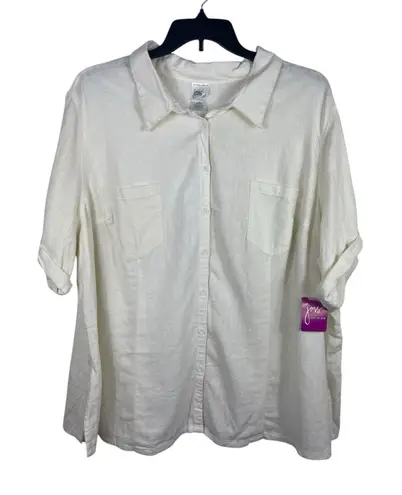 Just My Size JMS 4X Linen Rayon Button Front Shirt Artic White Roll Tab NWT