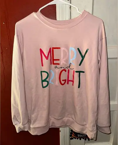 Merry & Bright Christmas Pink Velour Sweatshirt Size M