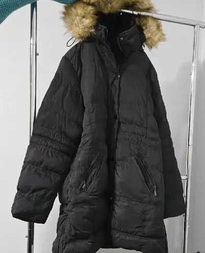 Elegant Black Puffer Jacket with Faux Fur Trim Size M - Image 1