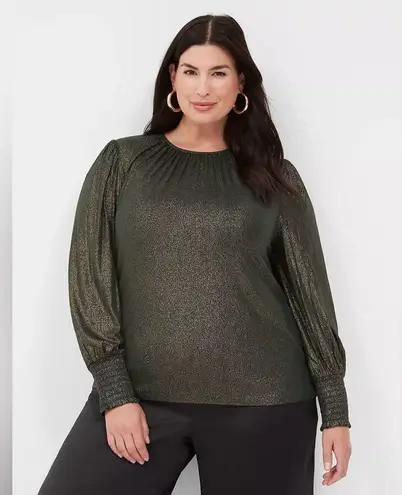 Lane Bryant  Women’s Plus Metallic Green Smocked Cuff LS Top Blouse NWT 18/20