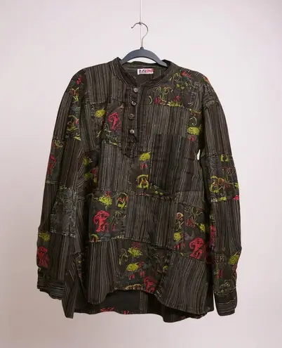 EzHippie Patchwork Elephant Print Tunic Shirt Long Sleeve Button Up XXL Nepal Black