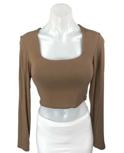 KN Klassy Network Women's Tan Knit Long Sleeve Square Neck Crop Top Size M Size M