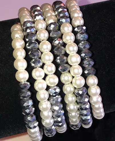 Elegant Faux Pearl and Dark Gray Black Beaded Boho Wrap Bracelet White