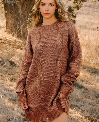 GRACE LILLY Cable Knit Drop Shoulder Loose Fit Sweater Dress Brown Size L