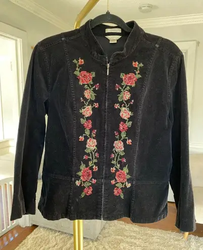 Christopher & Banks Black Corduroy Floral Embroidered Jacket Garden Soirée Boho
