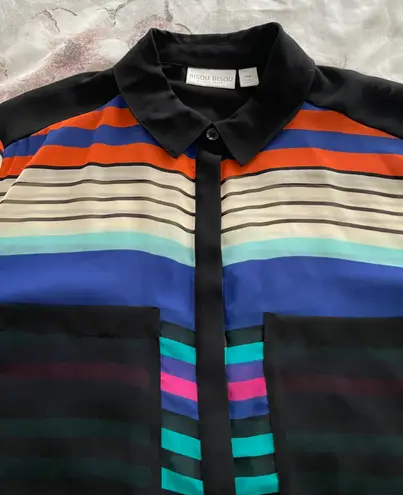 Bisou Bisou Sheer Button Up Striped Multicolored Blouse, size M