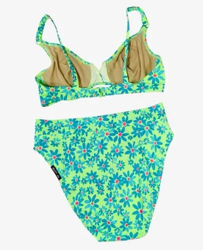VINTAGE 90s SUNSETS Neon Floral Bikini Set Green Size L