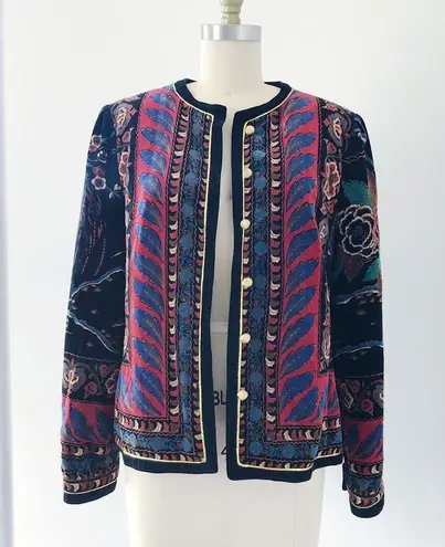 vintage • 1980s printed velvet jacket Saxton Hall floral peacock black red blue Size M