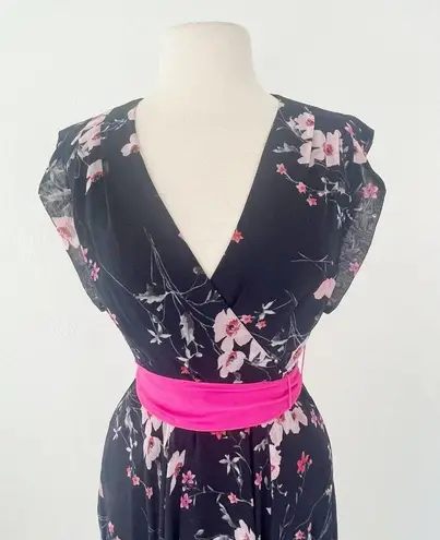 Eliza J Hi-Low Faux Wrap Belted Floral Navy Pink Maxi Dress | 2