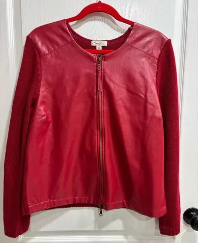 kim rogers Red Sweater Full Zip Front Jacket with Faux Leather Front Panels, PL