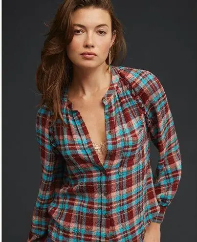 Pilcro Anthropologie Plaid Long Sleeve Buttondown Shirt in Coral