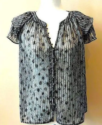 By the River Sheer Geometric Print Ruffle Sleeve Blouse Black/White