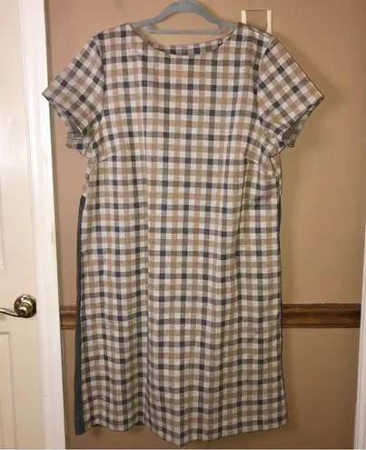 J.Jill  Wear to Work Ponte Knit Dress Gray Camel Plaid Pullover Shift Size large