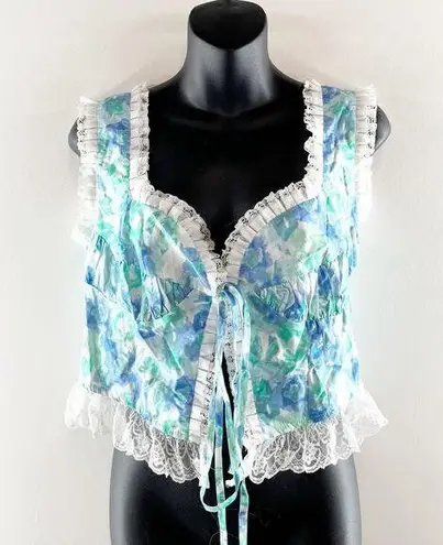 Love + Harmony Sleeveless Floral Tie Front Crop Lace Trim Tank Top Blue Medium