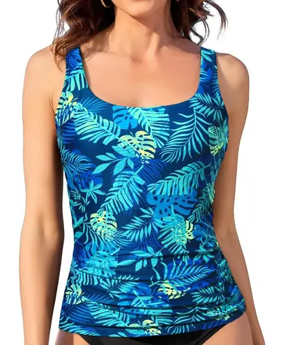 Aqua Eve Tankini Top Women L Blue Tropical Leaves Ruched Tummy Control Beach Size L