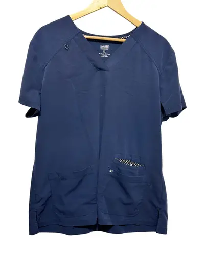 Koi Womens Scrub Top XL Navy Stretch Utility Pockets Workwear Medical Nurse Blue
