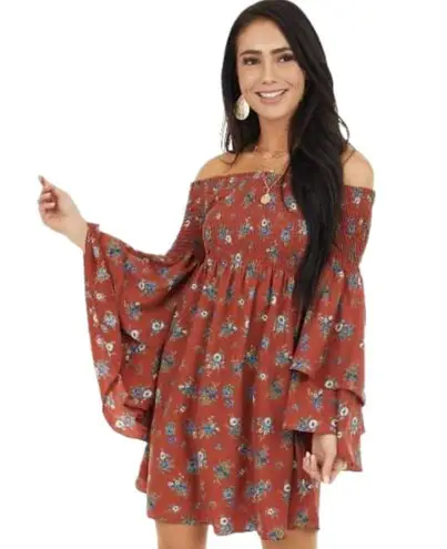 Lime Lush Floral Print Off the Shoulder Mini Dress Dusty Rose Size SMALL New