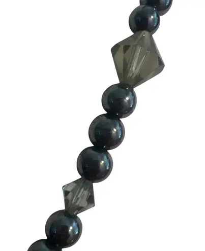 Vintage Fossil Coral Pendant Necklace Hematite Smoky Quartz Beads Estate 18" Gray