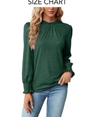 NEW Green Frilled Ruffle Neck Lantern Sleeve Smocked Cuff Blouse Size XL