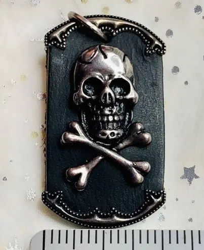 Power Line Sterling Silver & Leather Skull Dog Tag