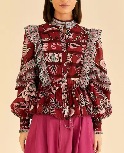 Farm Rio Mock Neck Button Front Ruffled Blouse, Size XXS