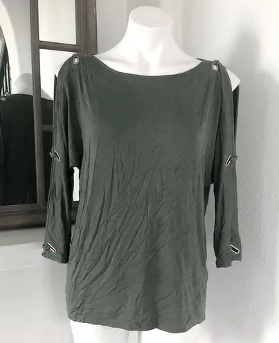 Cable & Gauge Knit Top Cold-Shoulder Sweater Olive Green Size M