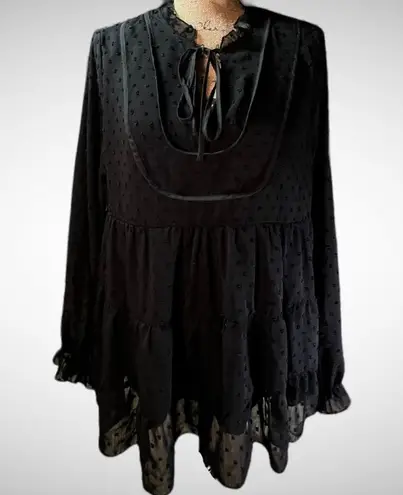PRETTYGARDEN Women's V-neck Black Chiffon Long Sleeve Boho Blouse Large | EUC