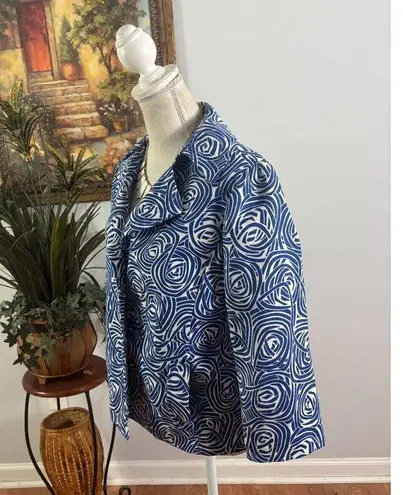 Rafaella Blazer Jacket Womens M Blue White Swirl Pattern 3/4 Sleeve Button Front
