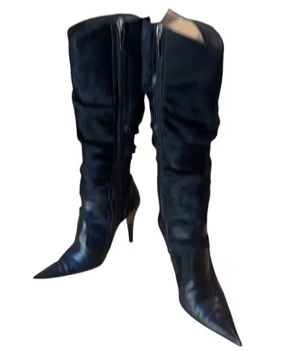 Icone Italy Black Pony Hair Leather Knee High Boots Size 36 Pointed Toe Stiletto
