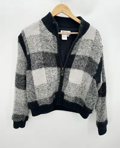 AWINA Black White Plaid Fuzzy Acrylic Wool Zip Up Vest Jacket Women Medium