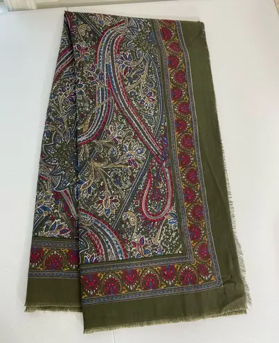 EUC Dark olive green multicolored paisley fringe hem lightweight fashion scarf