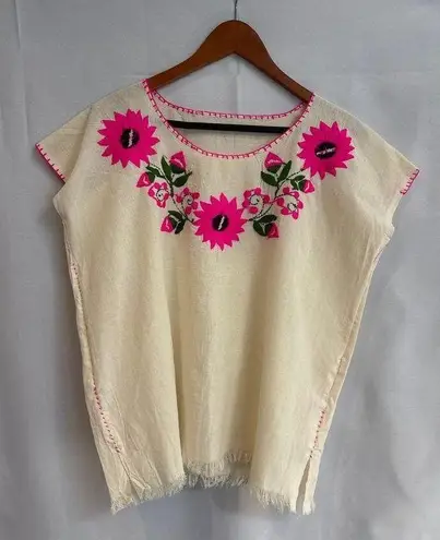 Handmade Women’s Size Not Known, Cream with Pink and Green Embroidery.