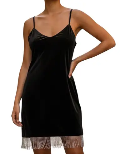 Kontatto Black Fringe Velvet Slip Black Dress(Size Medium)