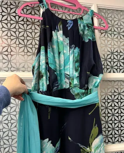 R & K navy teal floral chiffon maxi dress plus 16w