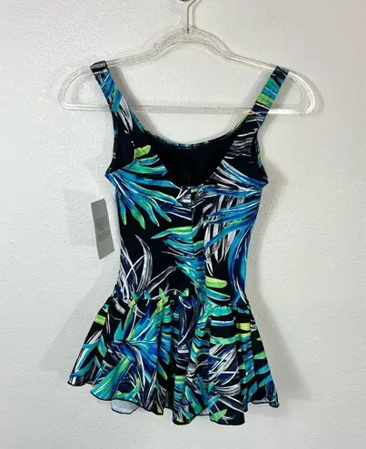 Azul NWT Blue and Green One Piece Flutter Skirt Swimsuit Tropical Print Size 8