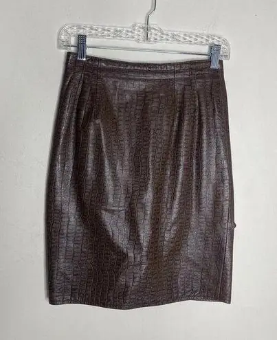 Henri Bendel Vintage Croc Print Brown Leather Mini Skirt Size 4 USA Designer