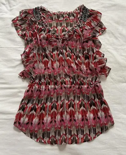 Y2K Pink and brown shimmer ruffled top with beaded details