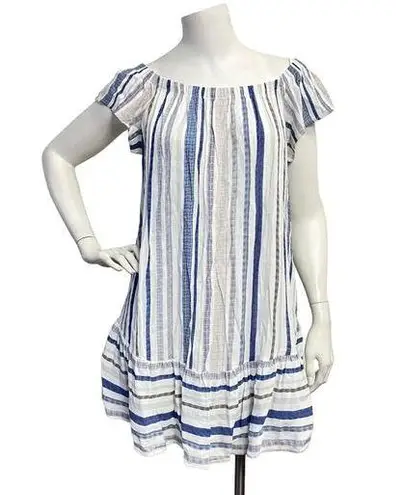 Eight Sixty Women's Off Shoulder White Blue Striped Ruffle hem Shirred Dress